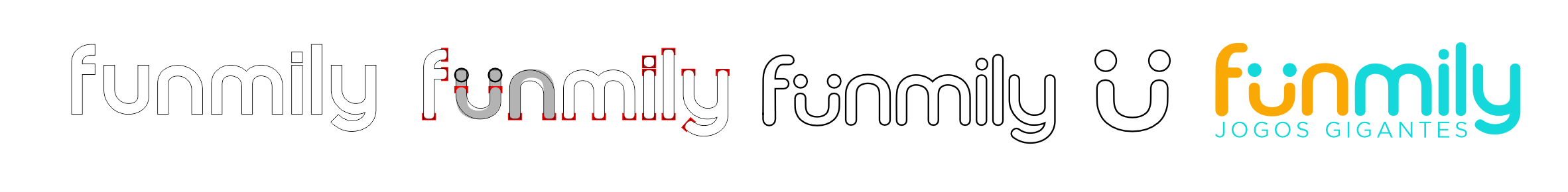 Processo da Funmily: estudos da tipografia e do símbolo até o logo final colorido